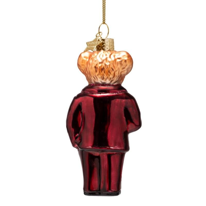 Ornament glass burgundy bear in clothes H11.5cm