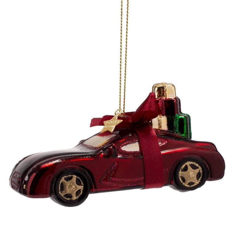 Ornament glass burgundy car w/presents H5cm