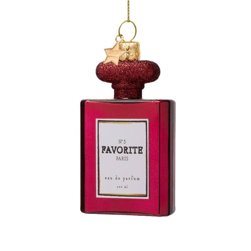 Ornament glass burgundy perfume w/glitters H10cm